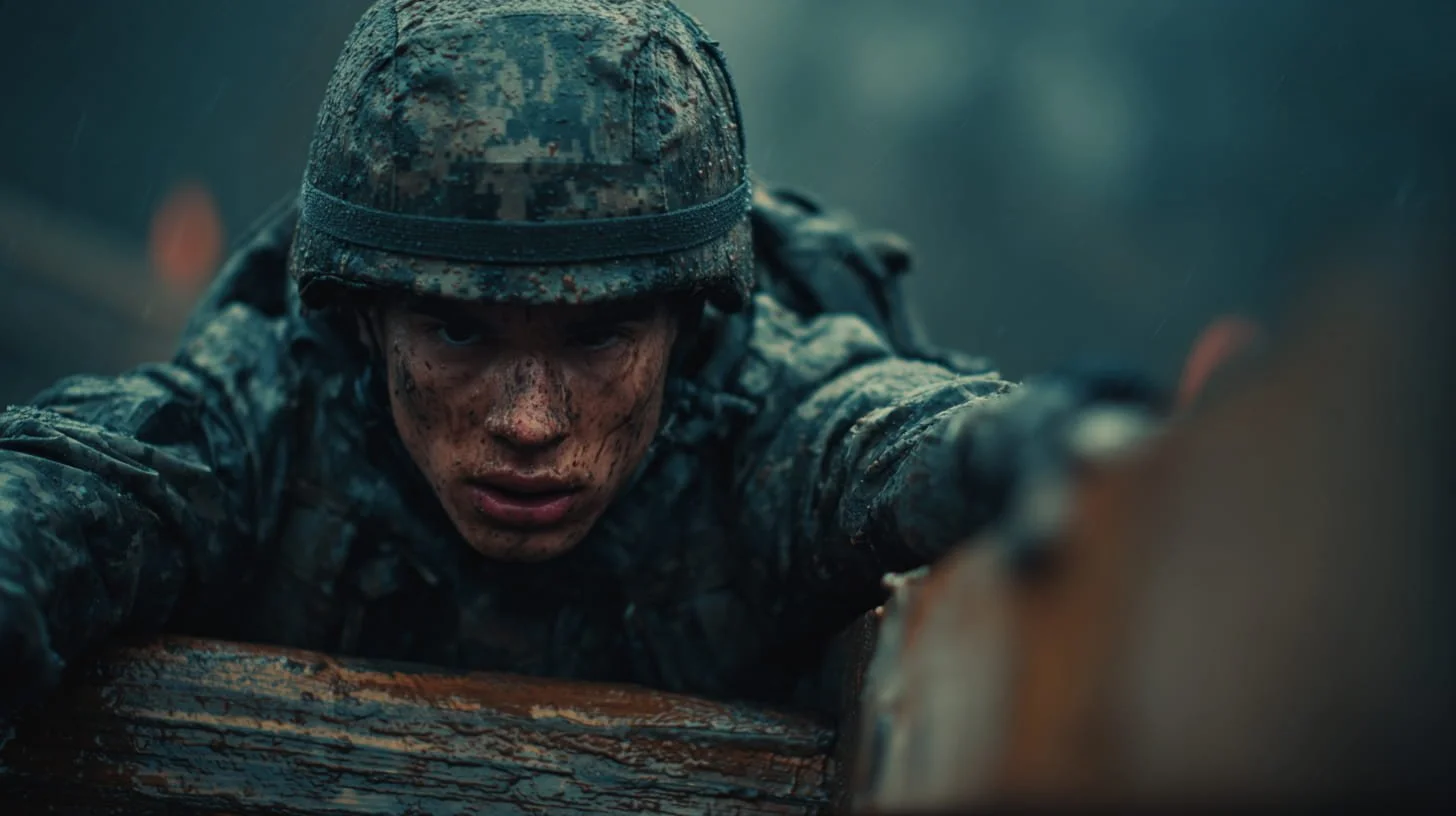 A soldier in camouflage uniform and helmet, covered in mud, reaching forward with a determined expression in a muddy, rainy battlefield.