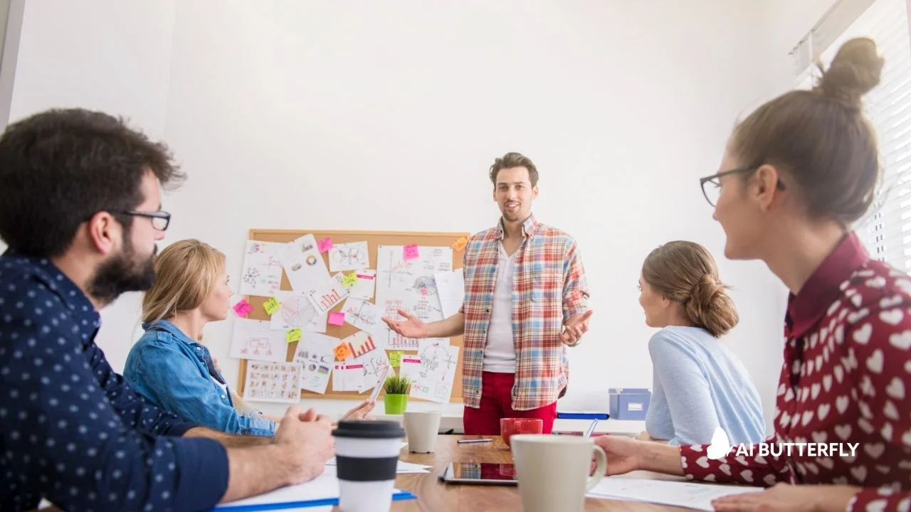 Creative director sketching a storyboard and planning narrative beats for an animated marketing video.