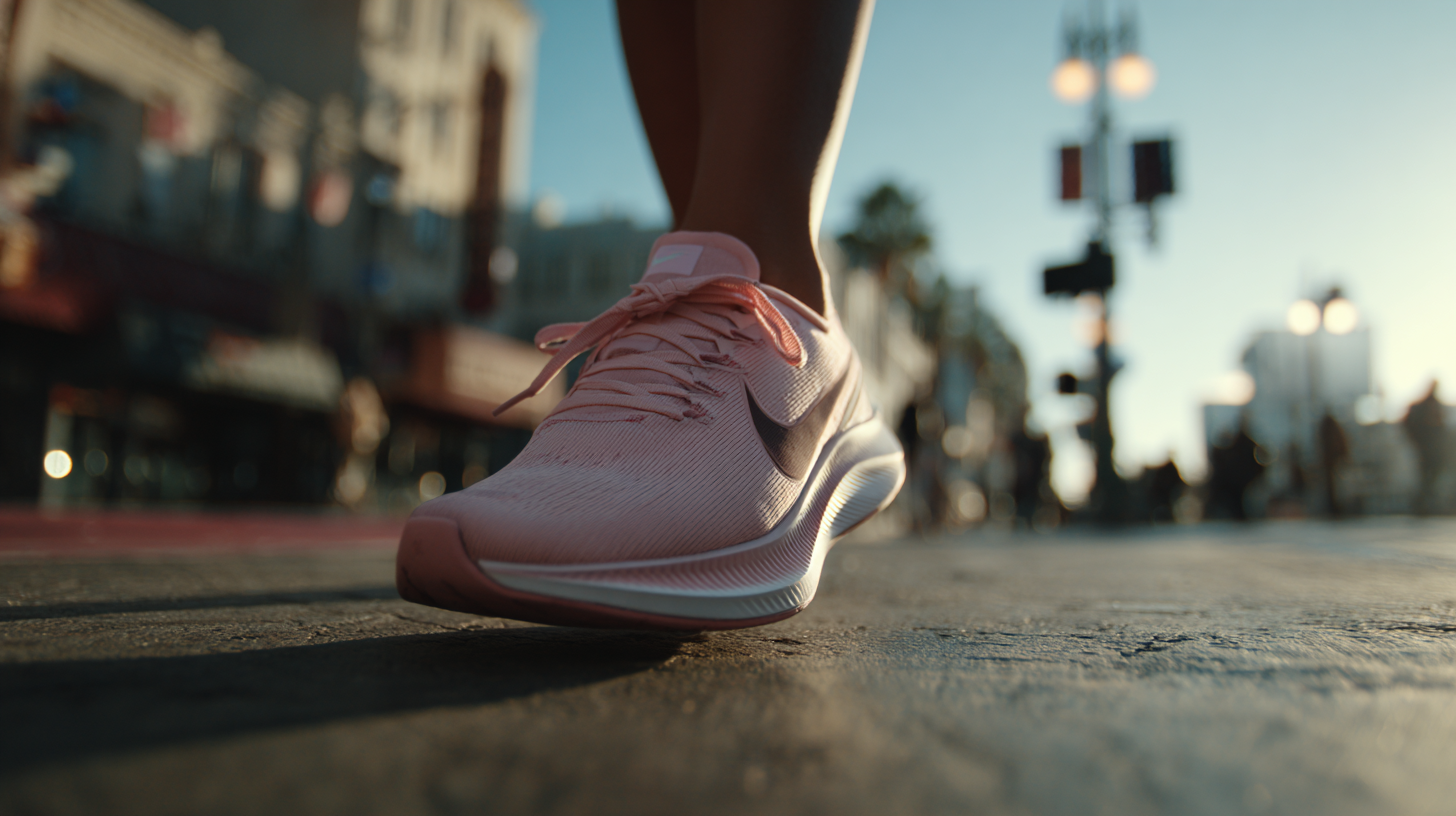 Close-up of a pink running shoe on a city sidewalk during sunset with blurred cityscape in background.