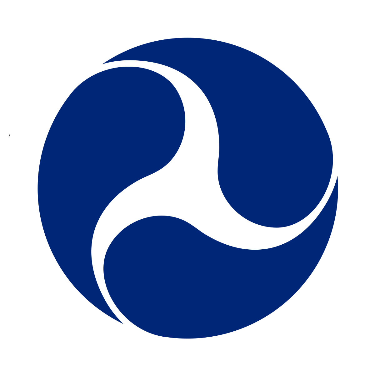 Logo of the Department of Transportation, United States of America, featuring a blue circular background with a black stylized triskelion symbol at the center, and white text encircling the logo.
