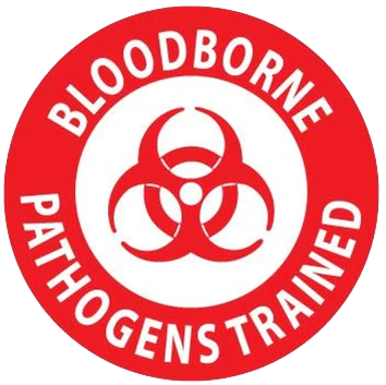 Biohazard symbol surrounded by a red circle with white text saying "Bloodborne Pathogens Trained."