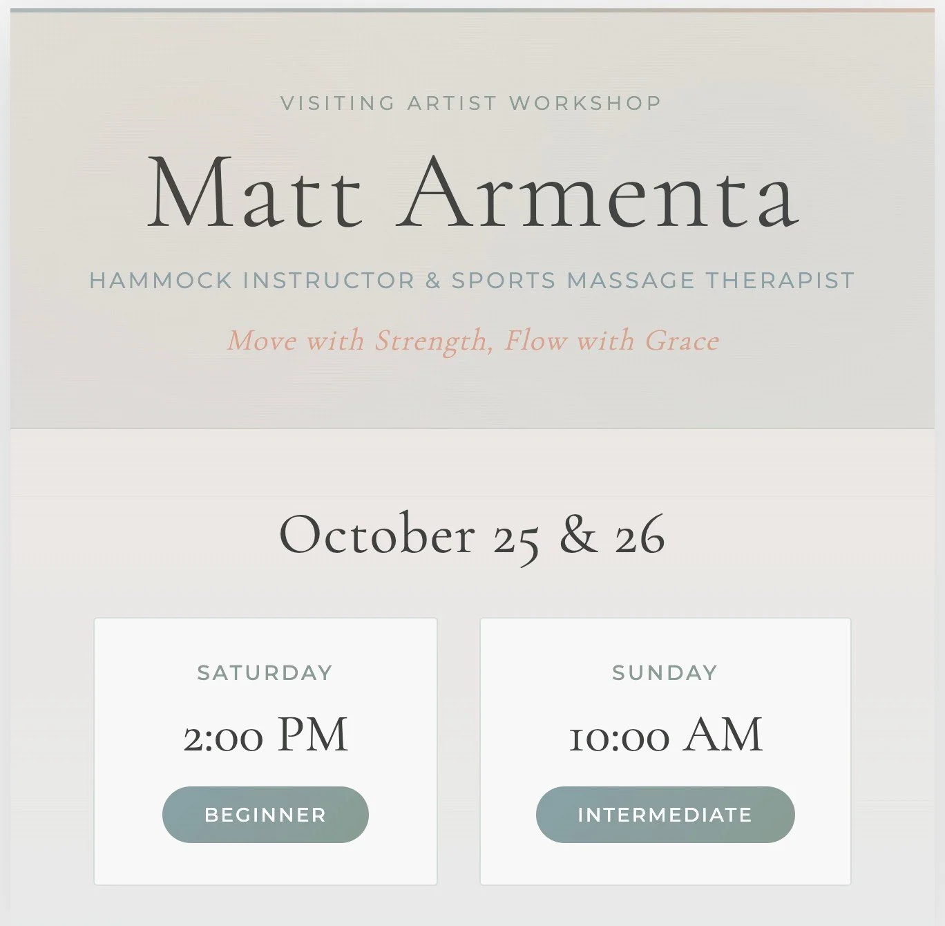 Special weekend incoming! πβ¨β
β
Matt Armenta is bringing his hammock magic to Coastal Flow and you don't want to miss this.β
β
π
October 25 & 26β
πͺ Beginner & Intermediate Hammock Classesβ
π‍βοΈ Private/Semi-Private Lessons & Recov