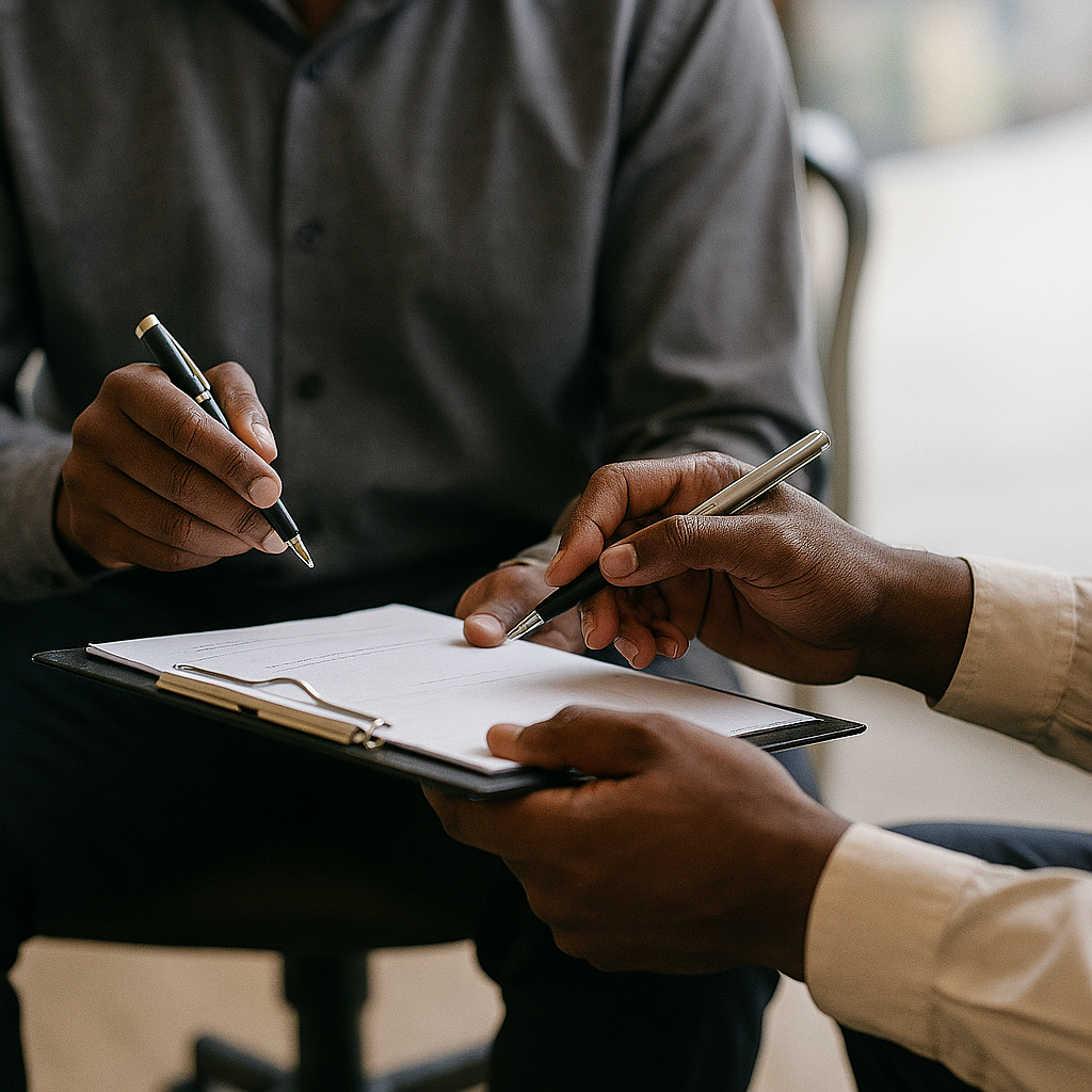 Two people exchanging documents, one holding a clipboard and the other pointing at it with a pen, in a professional setting.