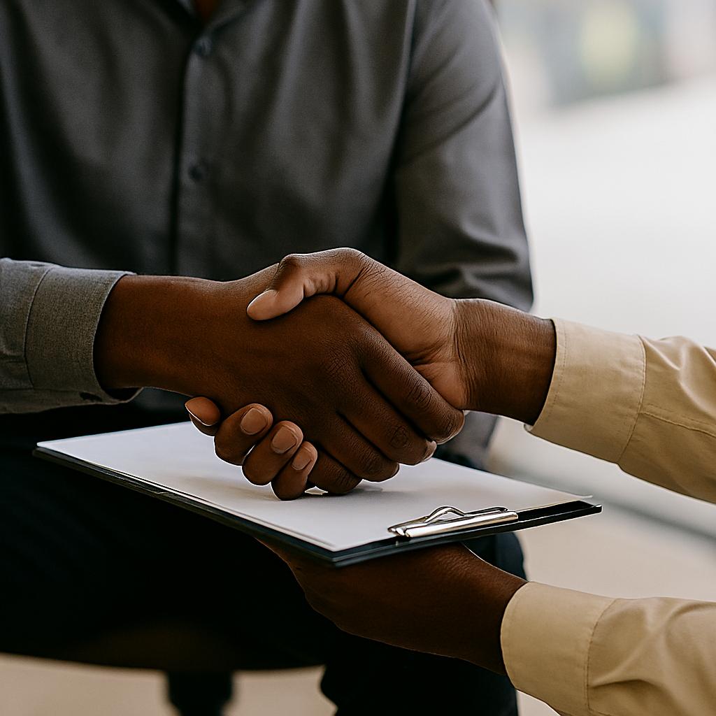 Two people shaking hands over a document on a clipboard during a meeting or agreement.