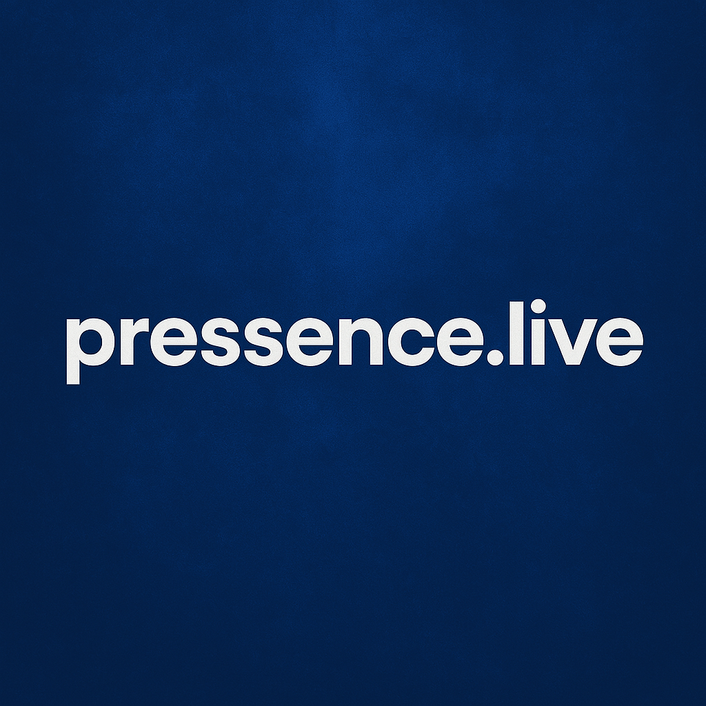 Blue background with white text that says 'pressence.live'.