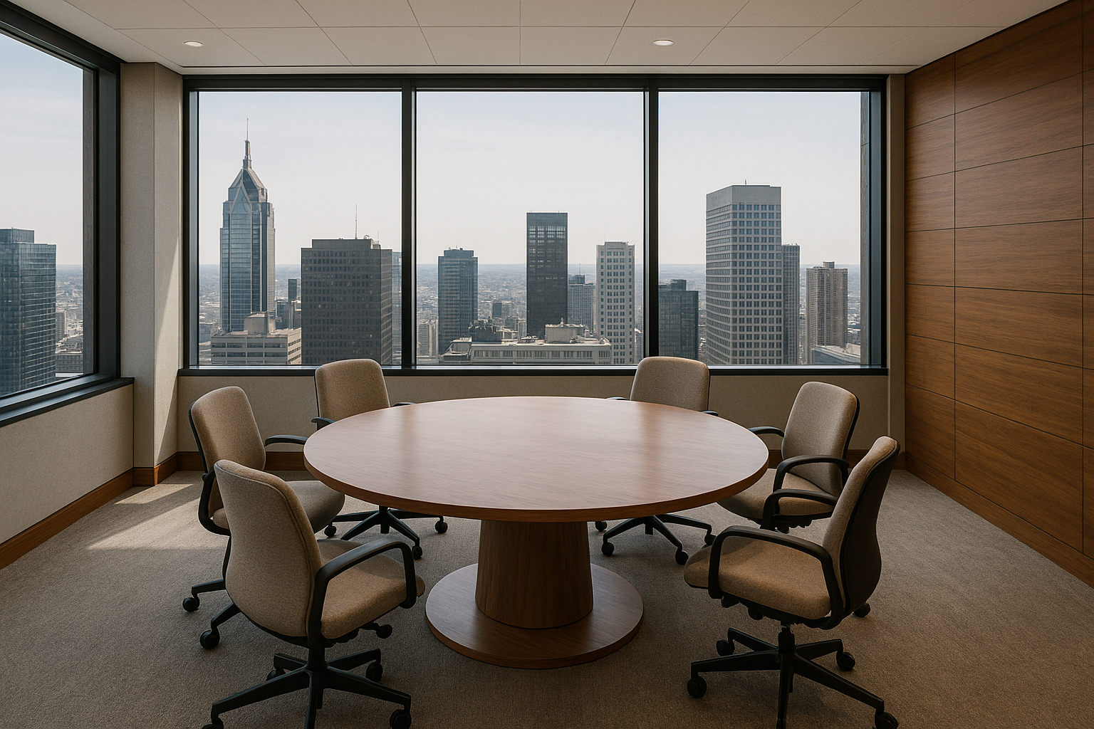 Empty conference room with a round wooden table and six beige office chairs, large windows showing a city skyline with skyscrapers.