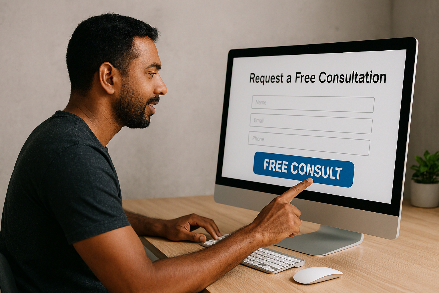 Man interacts with an online form on a computer screen labeled 'Request a Free Consultation', with fields for name, email, and phone, and a blue button that says 'Free Consult'.