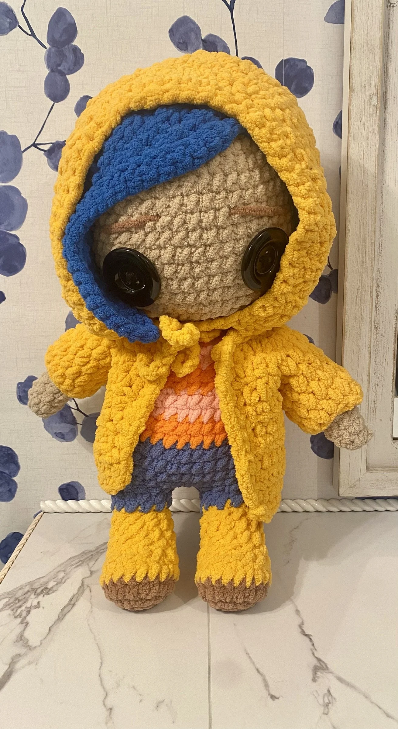 Coraline-Inspired Button-Eye Doll with Blue Hair