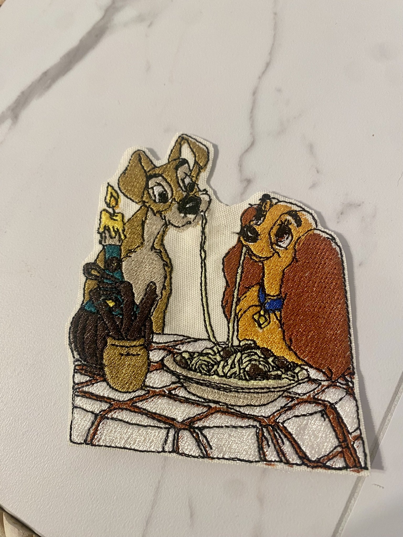 Whimsical Dogs Eating Spaghetti Patch