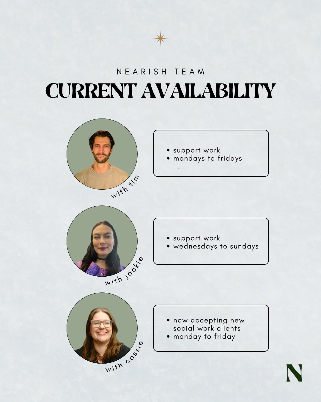 Update on our current availability 📆

Online booking system available via link in bio or send us an email 📱

info@nearishsupport.com.au