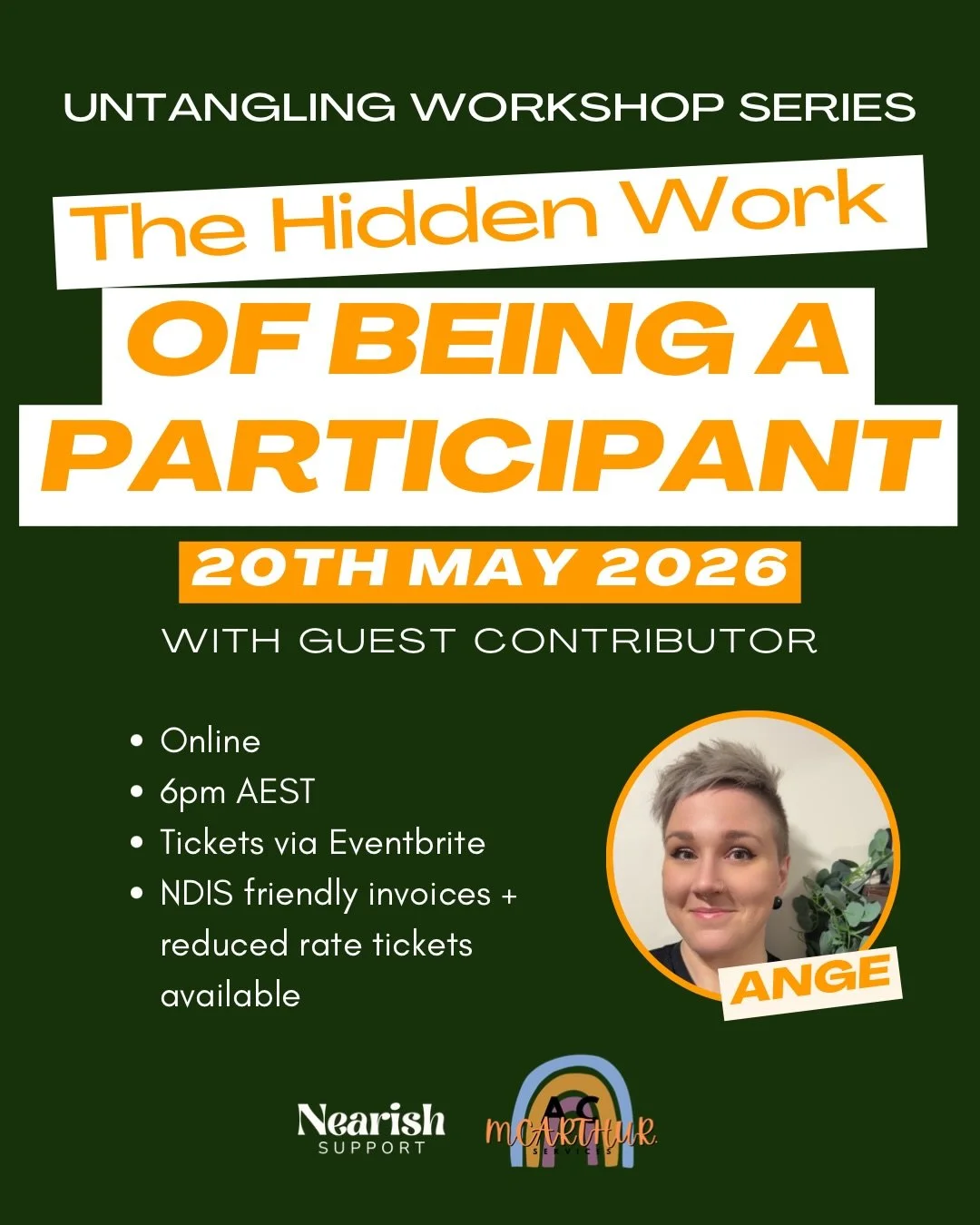 I am STOKED to announce that Ange from @acmcarthur_services will be joining an upcoming workshop as a guest contributor.

Ange does a lot of things. She is an independent Support Coordination and PRC, runs AC McArthur Services, does social media and 