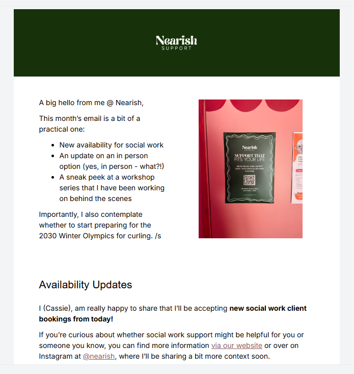 a few updates - social work availability and a new workshop series 🤩