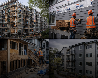 A modern building with a metal siding, brick accents, and large windows, featuring a fish decoration on the left window and a sign indicating it is a wine bar and shop, located along a street with visible utility poles and trees.