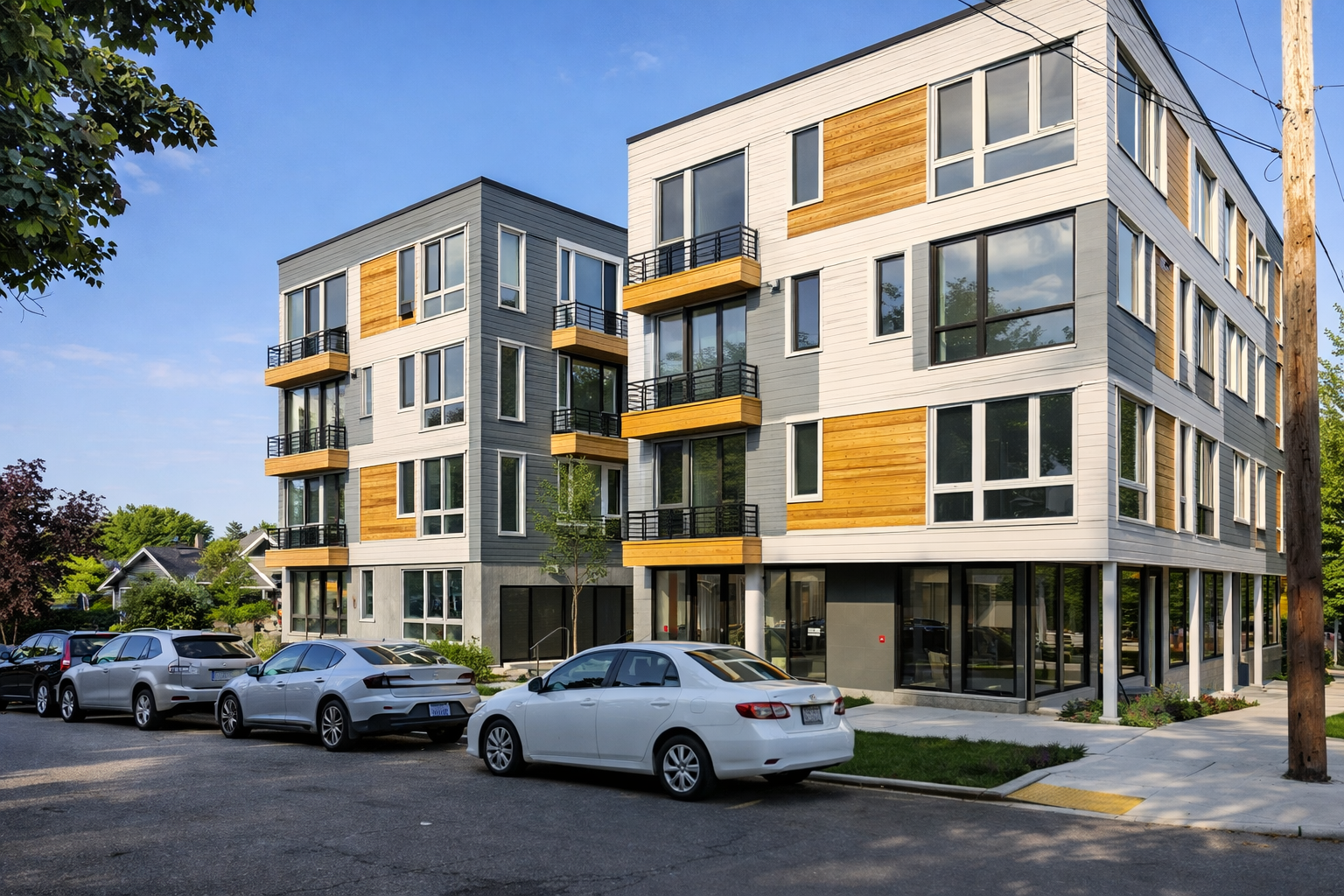 Modern kitchen with white cabinets, black hardware, stainless steel appliances, and light wood flooring, featuring a loft area with a wooden ladder.