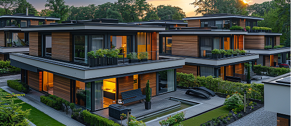 Modern kitchen with white cabinets, black hardware, stainless steel appliances, and light wood flooring, featuring a loft area with a wooden ladder.