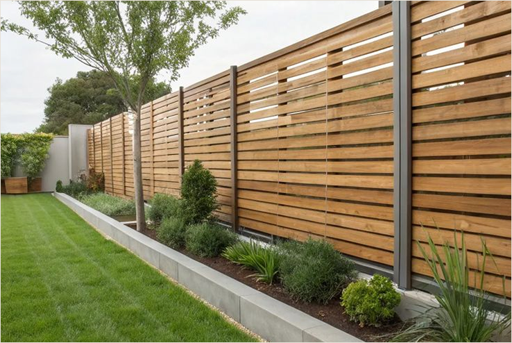 Front view of a modern two-story house painted dark gray with large windows, a garage, and a landscaped front yard with small bushes, flowers, rocks, and a concrete walkway.