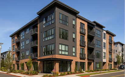 Modern kitchen with light wood cabinets, stainless steel appliances including a dishwasher, oven, and refrigerator, and a laundry area with a washing machine and dryer in the background. The room has wood-look flooring and white walls with small windows.