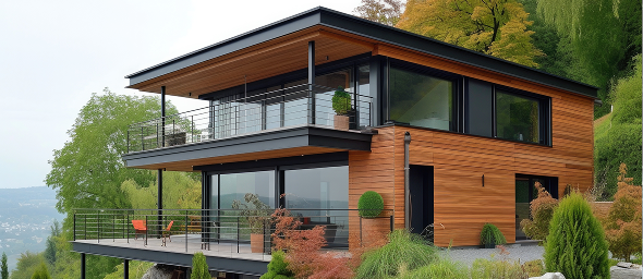 A modern building with a metal siding, brick accents, and large windows, featuring a fish decoration on the left window and a sign indicating it is a wine bar and shop, located along a street with visible utility poles and trees.