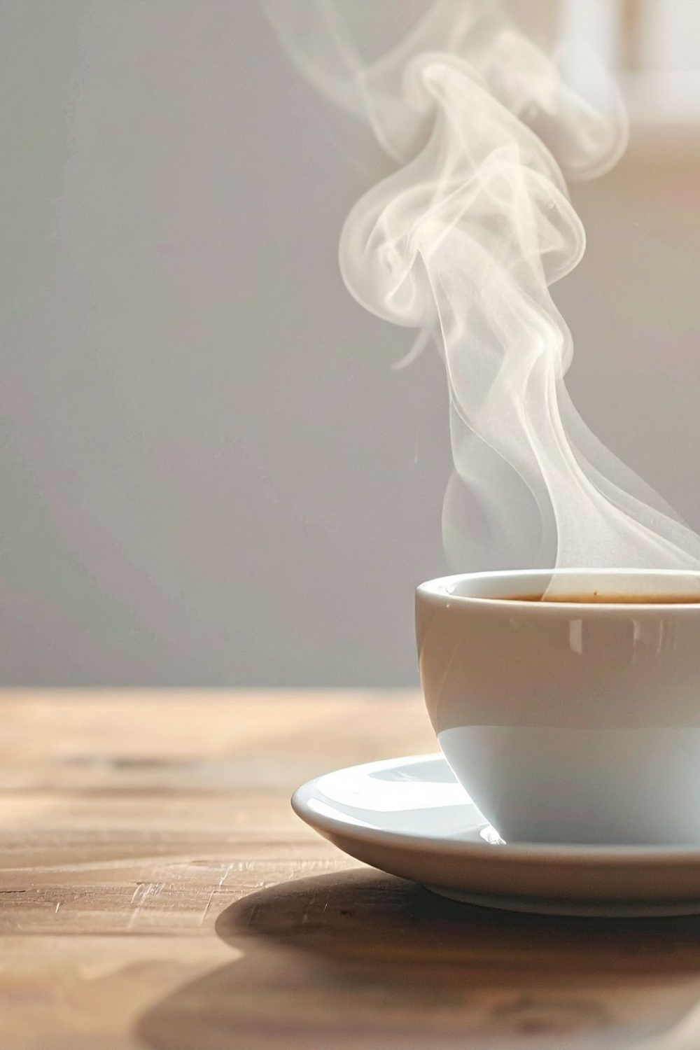 A close-up shot of a steaming ceramic coffee mug sitting on a wooden bench next to a window, with a soft winter landscape outside. It represents the quiet, focused nature of Finnish work breaks.
