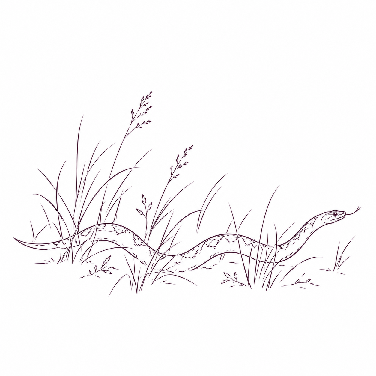 A line drawing of a snake in tall grass with small plants around it.