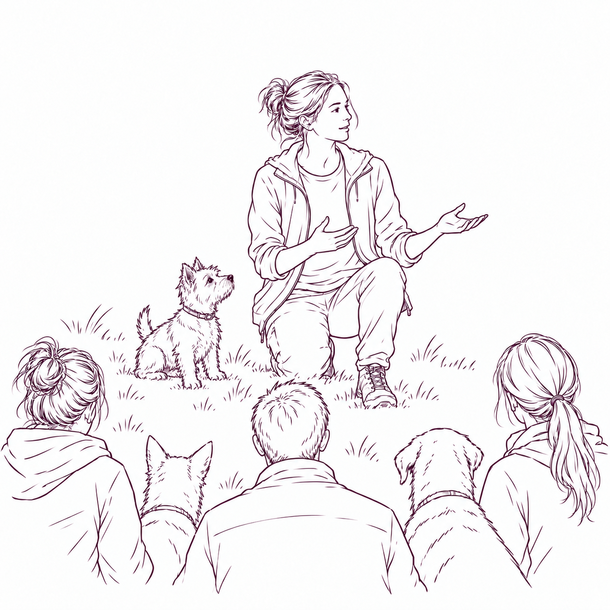 Line drawing of a woman with her hair in a ponytail, kneeling outdoors and speaking to three children with dogs, in a grassy area.