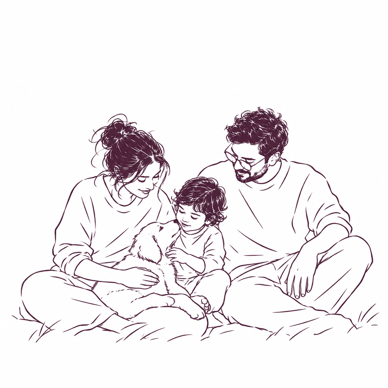 A family cuddling their new puppy