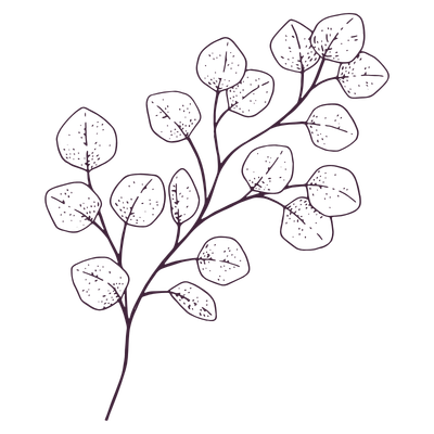 A line drawing of a small leafy branch with multiple oval-shaped leaves.