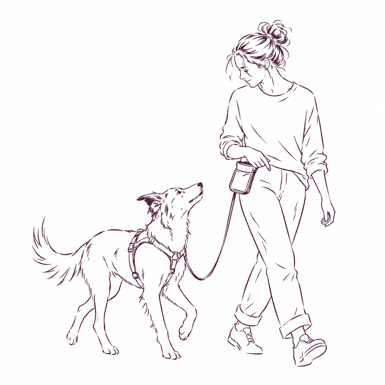 A person walking their dog on a loose lead and harness