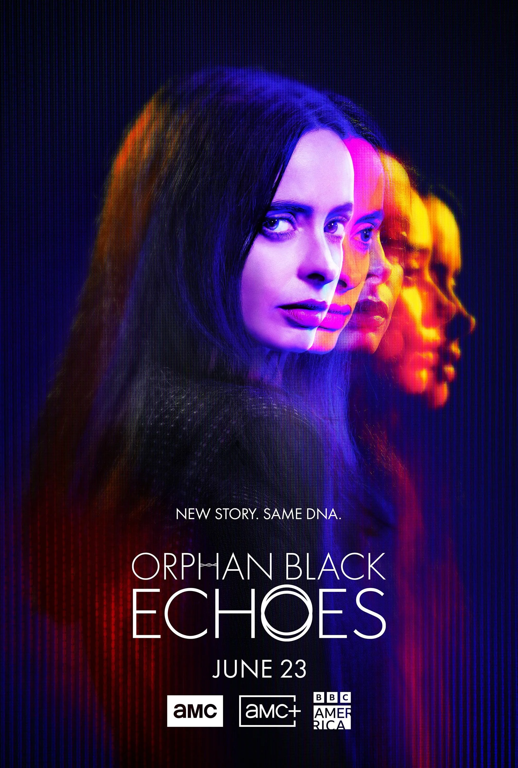 Promotional poster for the TV show "Orphan Black: Echoes," released 2024 on AMC, AMC+, and BBC America.