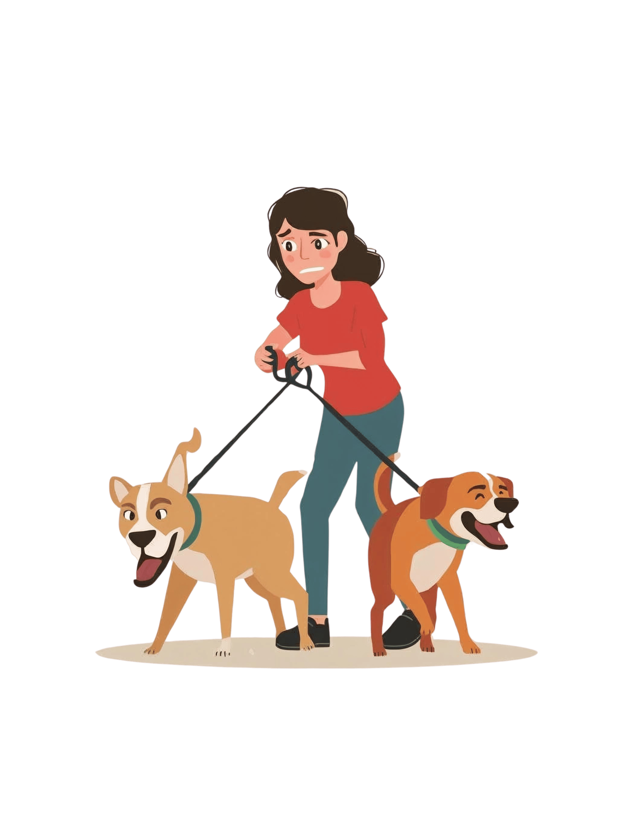 Illustration d'une femme dépassée par ses deux chiens en laisse — situation typique avant un suivi avec un éducateur canin en Finistère
