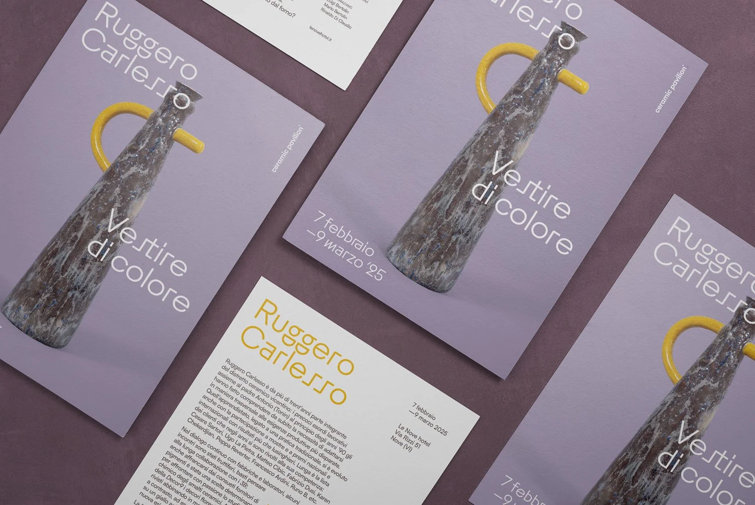 Immagine coordinata, flyer, reel e landing page per la mostra Ruggero Carlesso – Vestire di colore, Ceramic Pavilion.