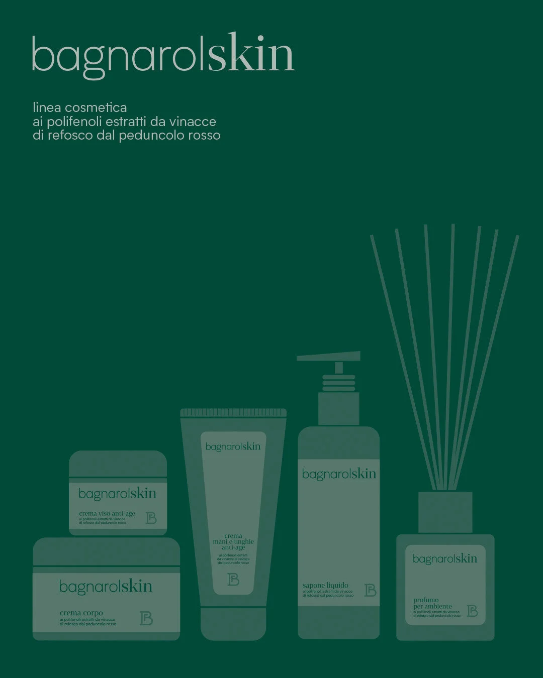  Packaging e  scatti fotografici per i prodotti della linea cosmetica Bagnarolskin, realizzata con gli estratti delle vinacce di Refosco dal Peduncolo Rosso dall’azienda vitivinicola friulana Bagnarol 