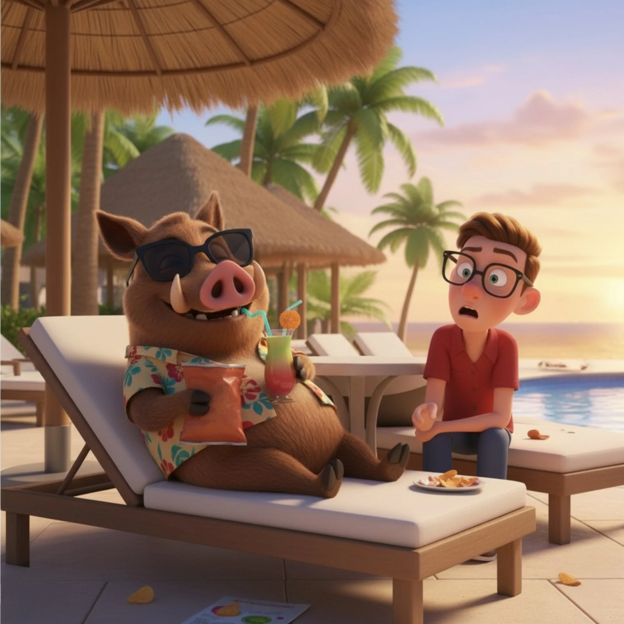 An animated pig wearing sunglasses and a Hawaiian shirt, relaxing on a lounge chair with a tropical drink and snacks, talking with a surprised young man on a poolside at sunset with palm trees and thatched umbrellas in the background.