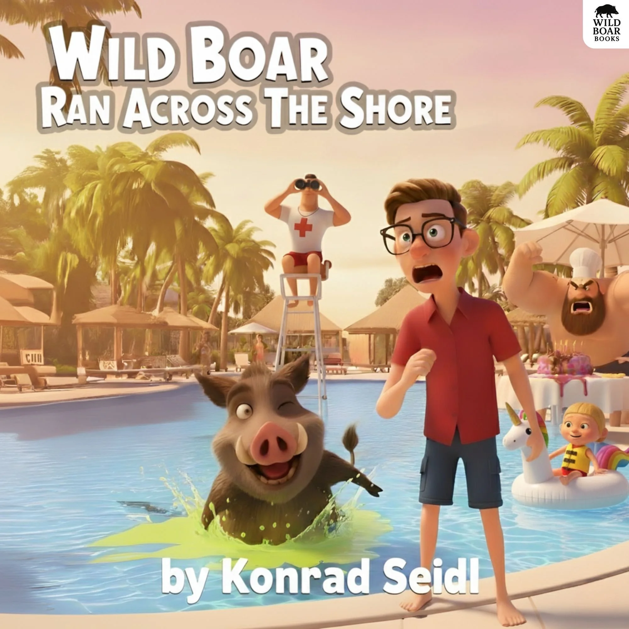 Animated scene at a poolside with a young man in red shirt and blue shorts running, a smiling pig in the water, a woman with binoculars on a lifeguard chair, a muscular man with a beard and chef hat, a girl in a bee costume on a unicorn float, and palm trees in background, with the title "Wild Boar Ran Across The Shore" by Konrad Seidl.