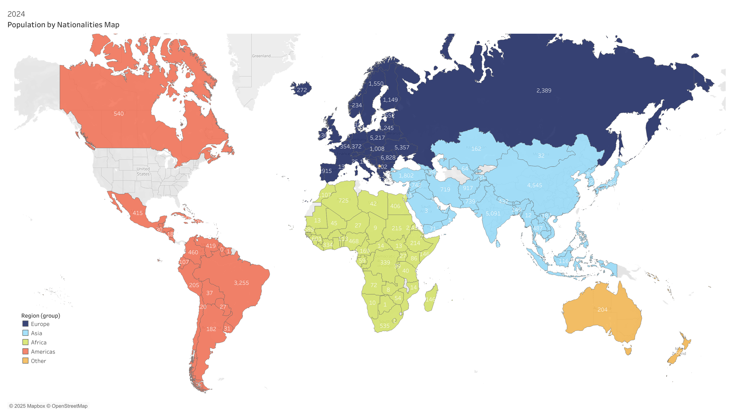 Map showing population by nationalities in 2024, with regions color-coded: Europe in dark blue, Asia in light blue, Africa in green, Americas in red, and other regions in orange.