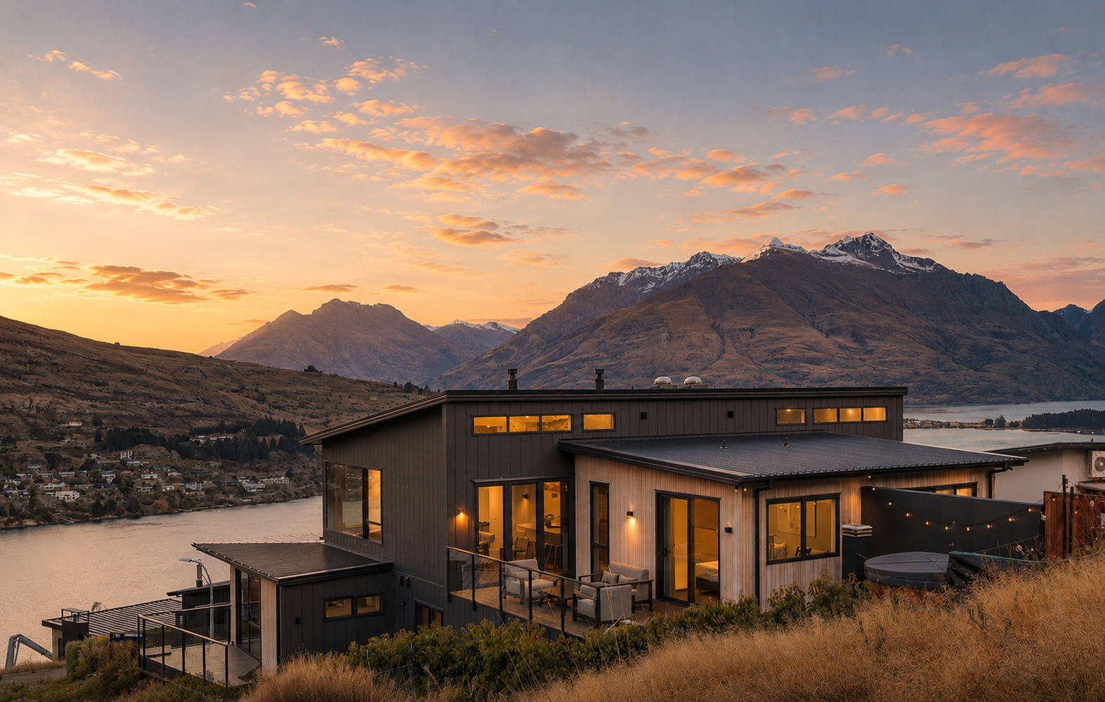 Luxury Queenstown holiday home at sunset with lake and mountain views, managed by Lake & Peak Property Management