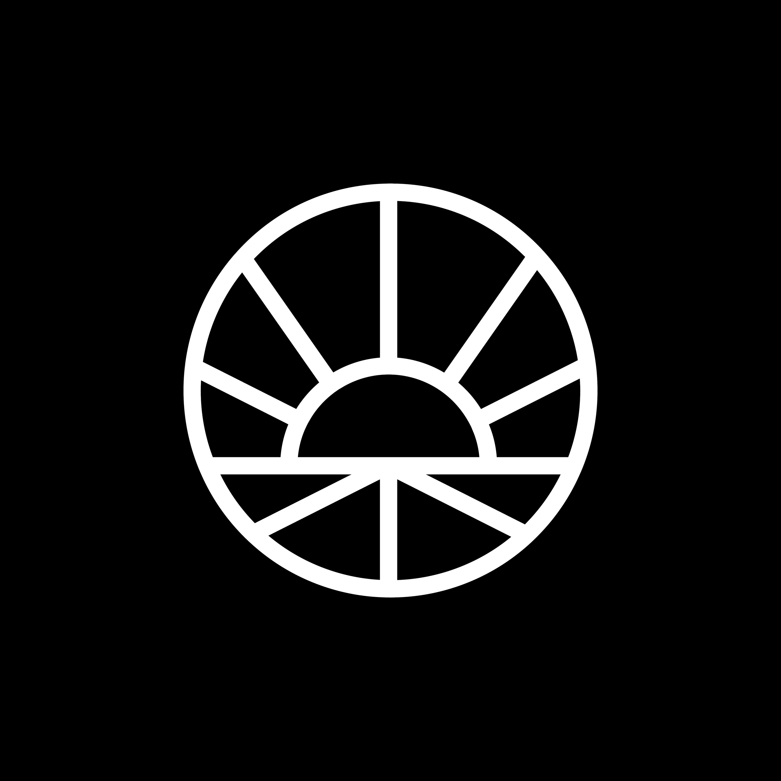 Black background with a white circular geometric design.