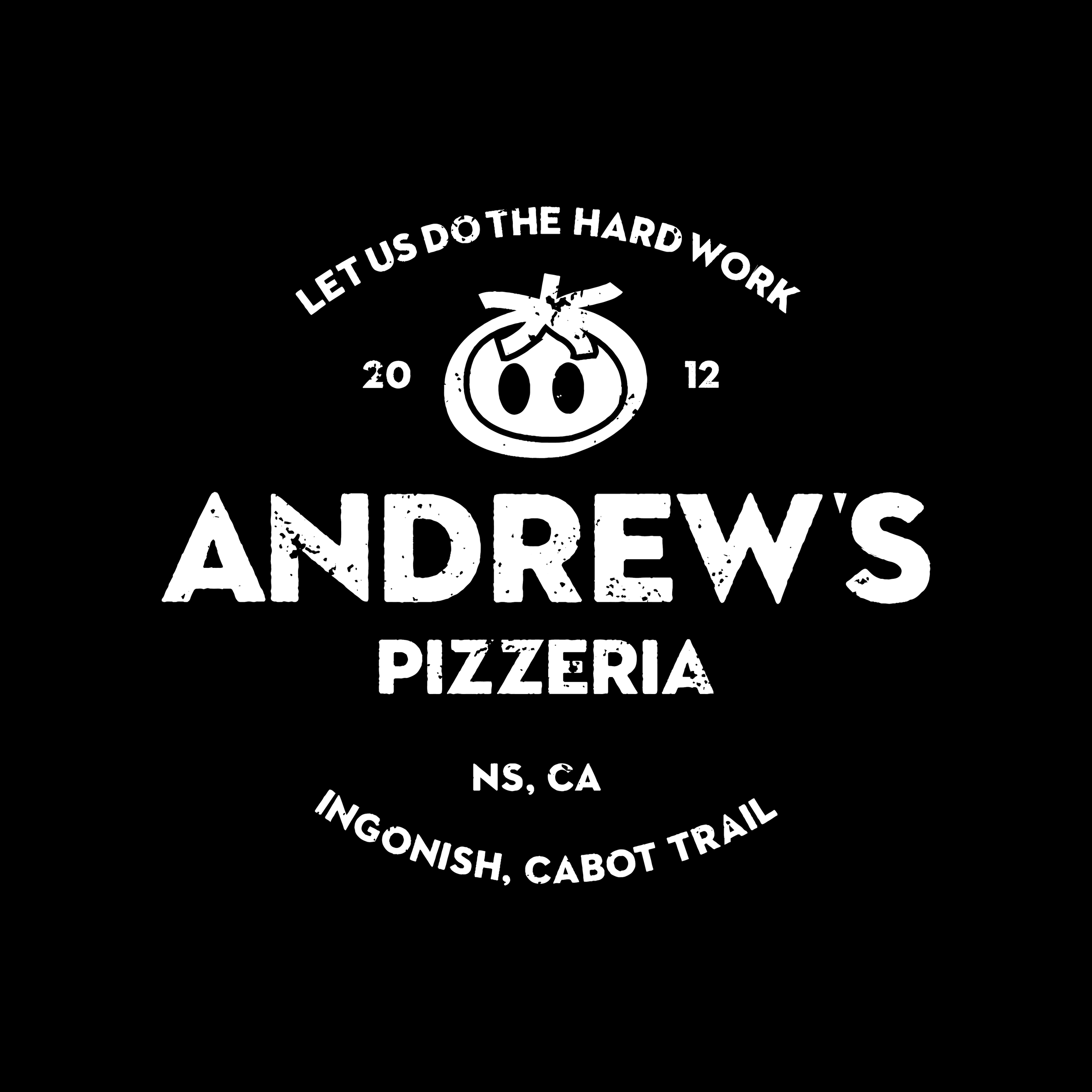 Logo lockup for Andrew's Pizzeria with a minimal hand drawn tomato mascot