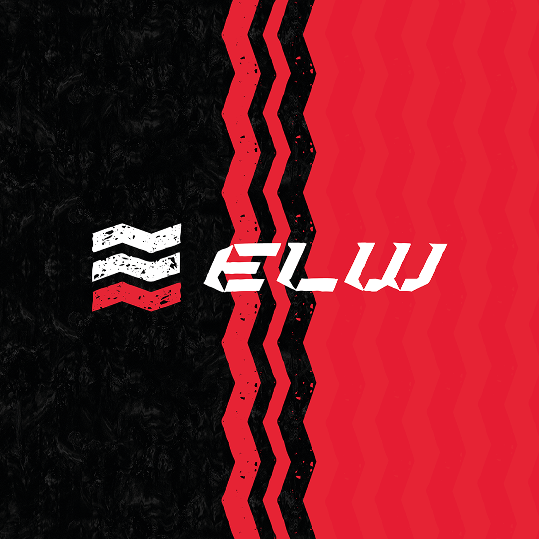 A graphic design featuring a black and red background with 3 zigzag lines and the white capital logotype 'ELW' in the center.
