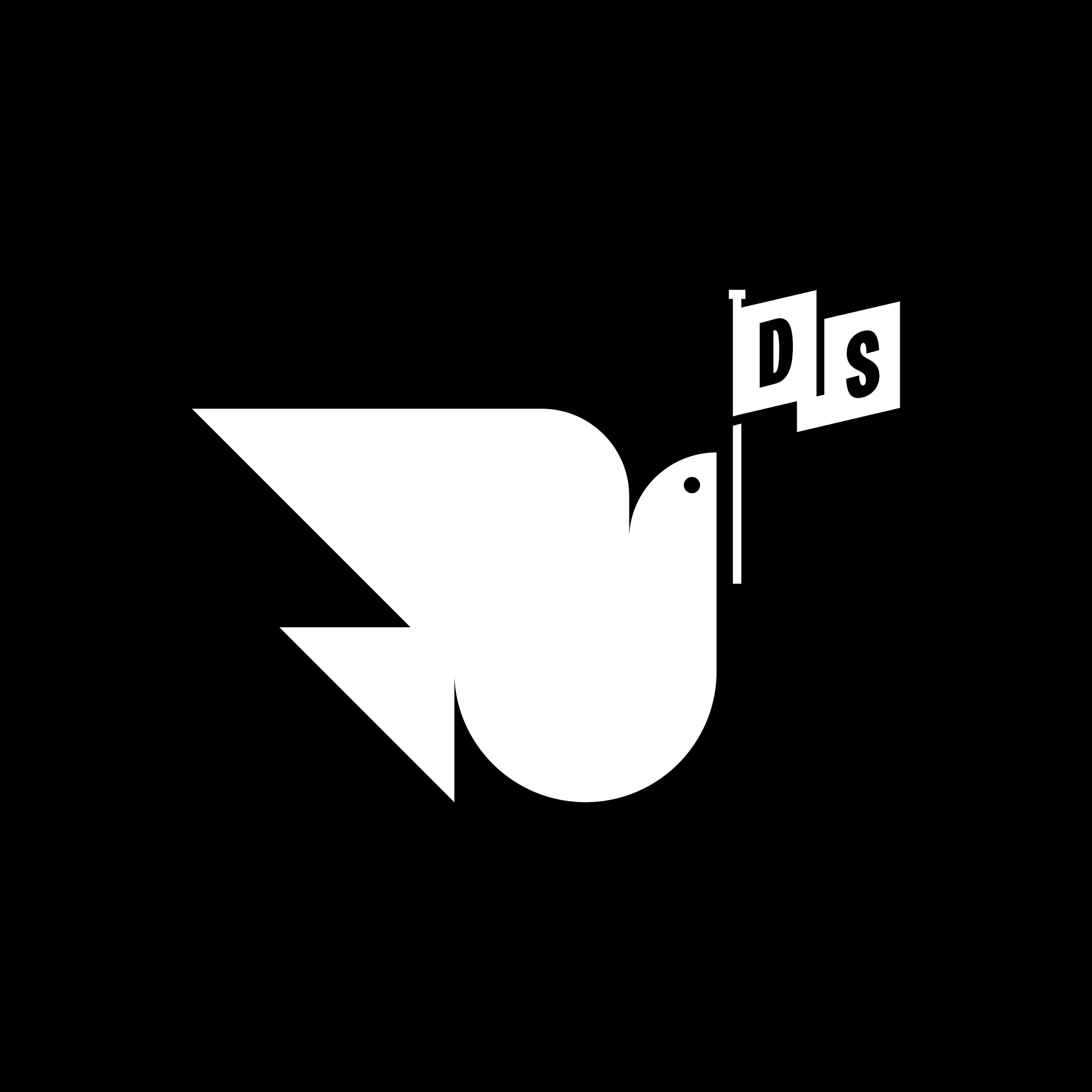 Minimal logo of a dove holding a flag with the letters "D" and "S"
