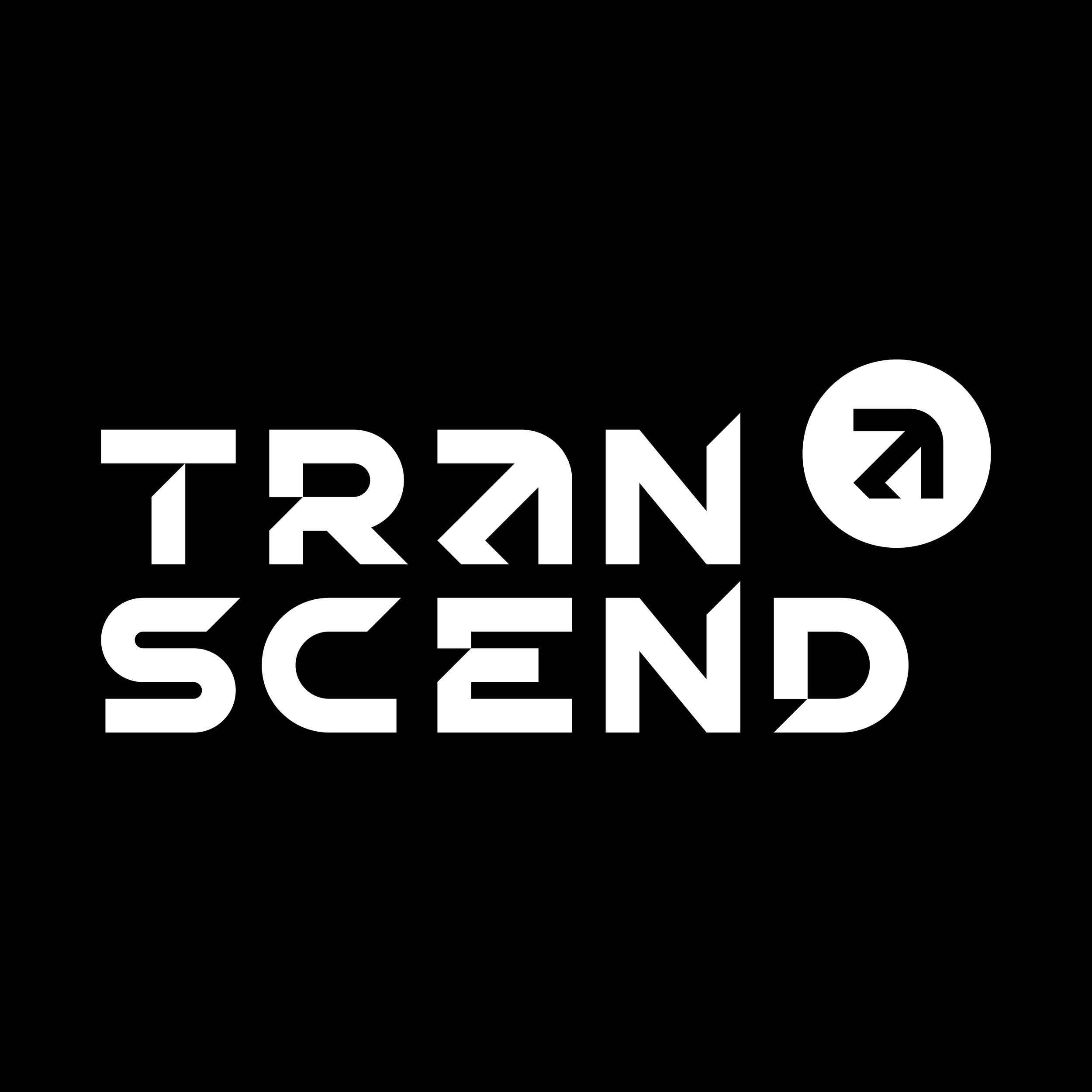 Black background with modern stylised white text that reads: "TRANSCEND" in bold uppercase letters.