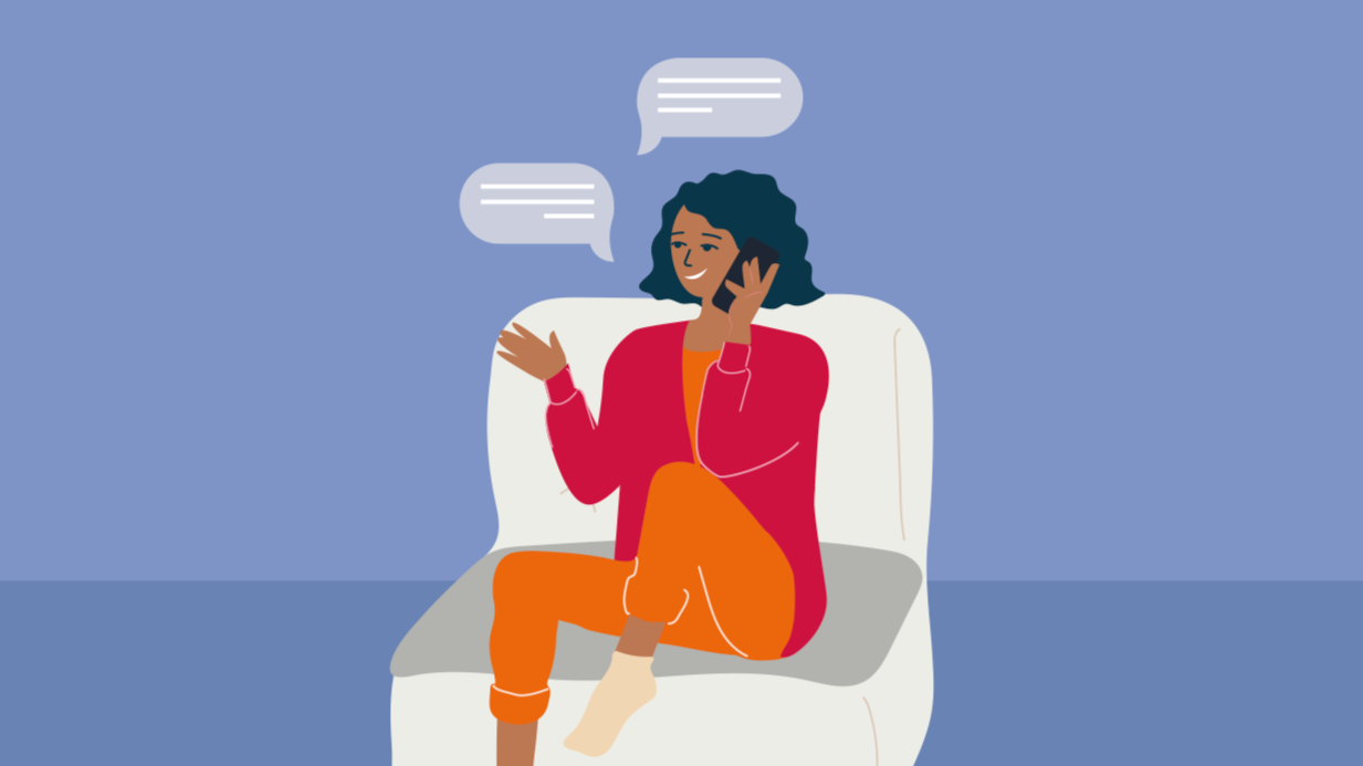 Immigration Advice Authority (IAA) style of illustration of a woman with dark hair sitting on a sofa, talking on the phone, wearing a red jacket and orange pants.