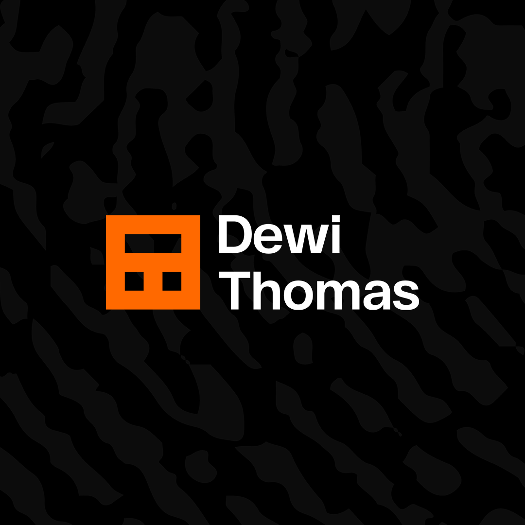 The image features a black background with a fingerprint pattern. The logo of Dewi Thomas, which includes an orange square with a Morse code 'D' and 'T' design, is positioned on the left. The text 'Dewi Thomas' is written in white, bold font to the r