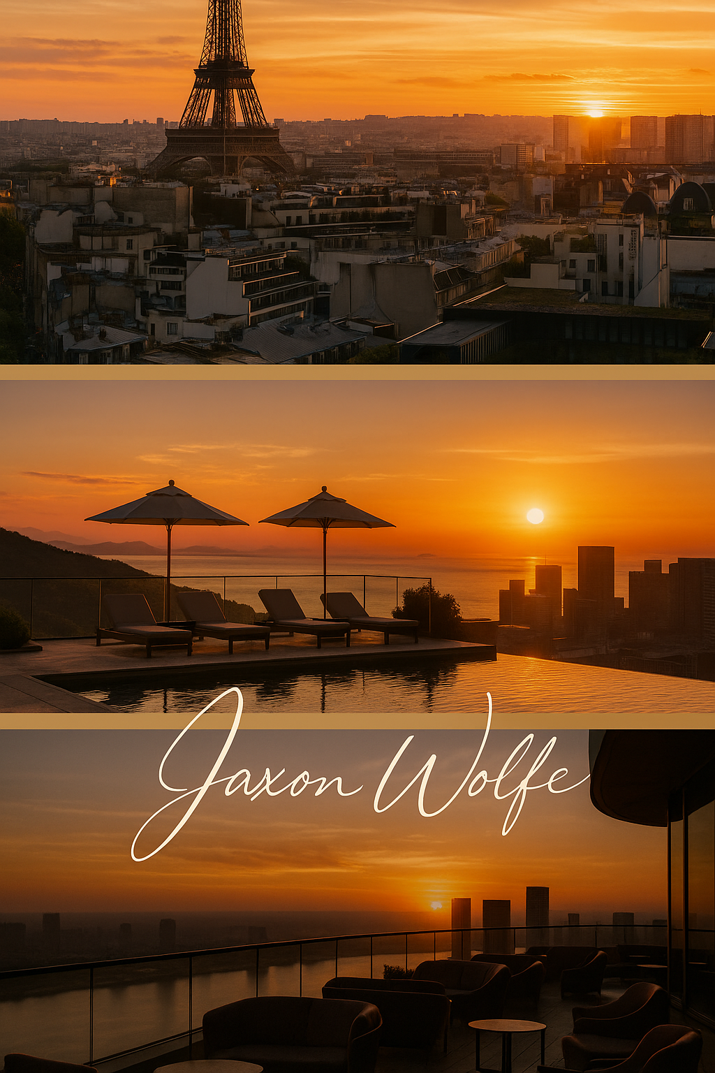 Sunset over Paris with the Eiffel Tower and city buildings, a poolside lounge area with umbrellas and chairs, and a rooftop sitting area with seating and a view of a river and the city, with the name 'Jaxon Wolfe' written across the images.