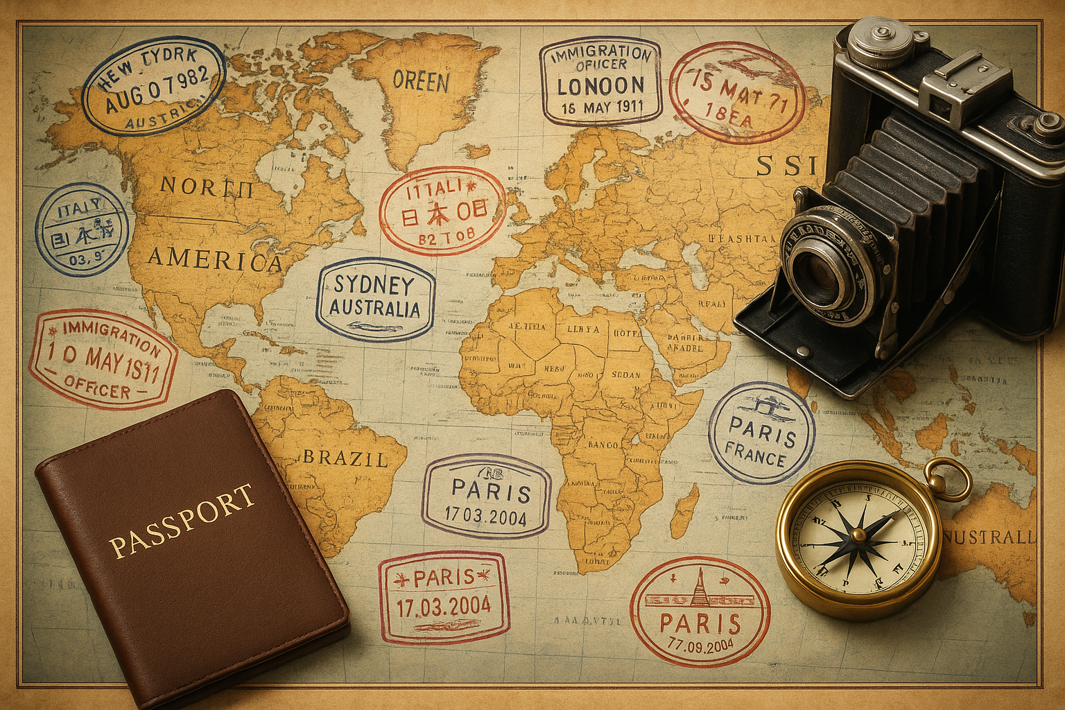 A vintage world map with various stamps indicating travel dates and locations such as Paris, Tokyo, Sydney, and London. Items include a brown passport holder, a camera, and a gold compass.
