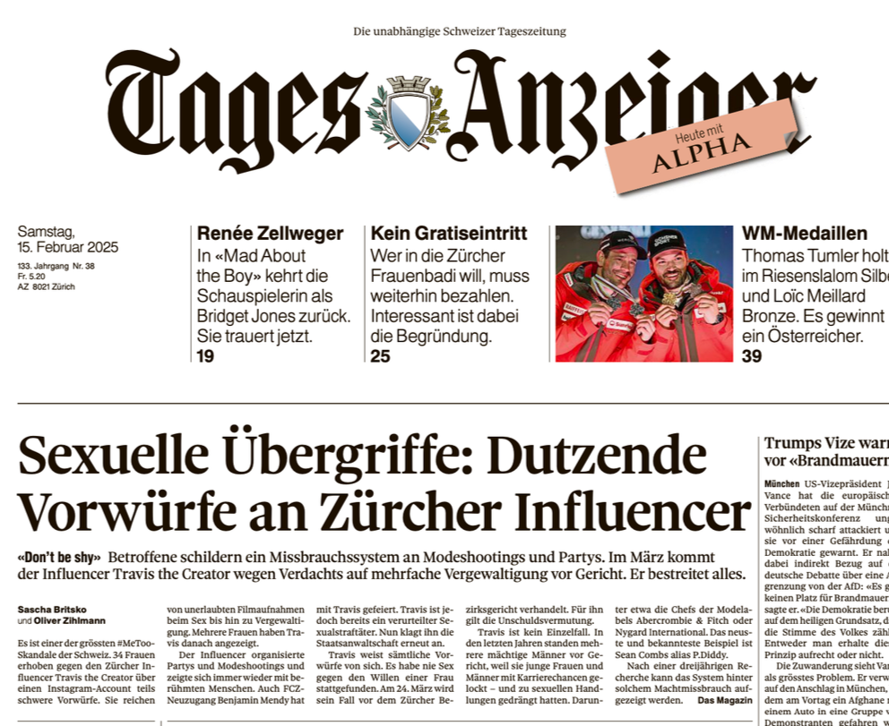 Frontend der Titelseite der Zürcher Tageszeitung "Tages-Anzeiger" vom 15. Februar 2025, mit Nachrichten zu sozialen Themen, Sport und aktuellen Ereignissen.