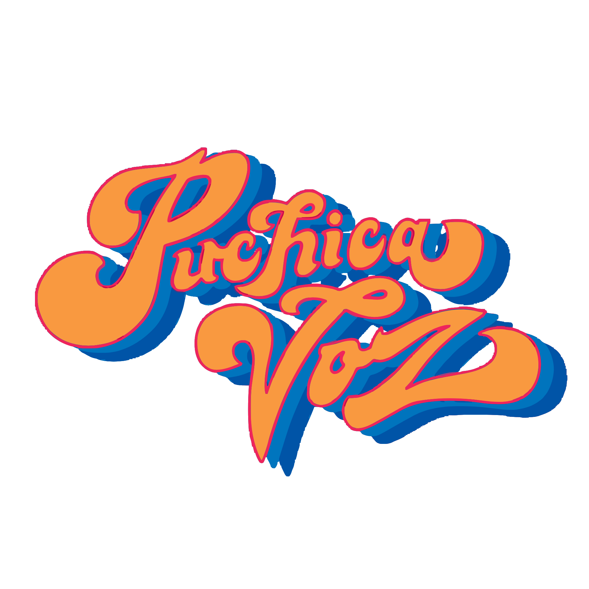 Colorful logo by Puchica Voz in cursive, orange font with blue shadow effect.