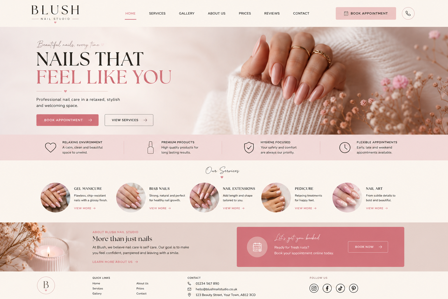 Homepage of Blush Nail Studio website with a header including navigation links, a prominent image of a hand with manicured nails, and sections detailing services and booking options.