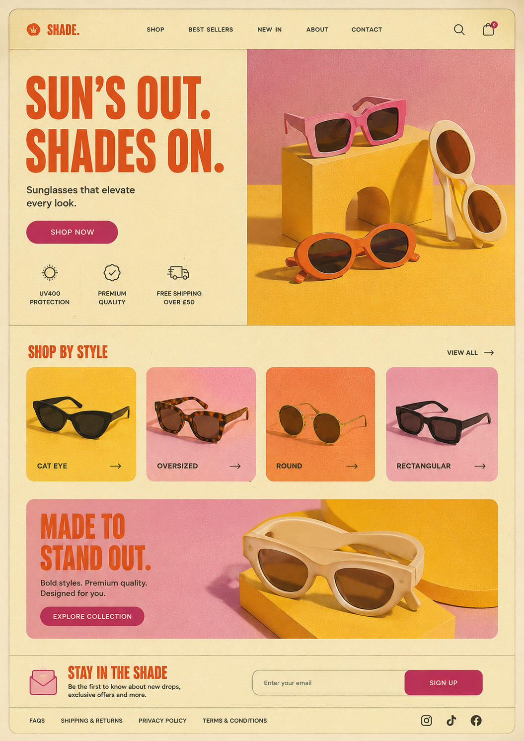 Online shopping website homepage featuring colorful sunglasses with text "Sun's Out. Shades On." and sections highlighting different styles and collections.