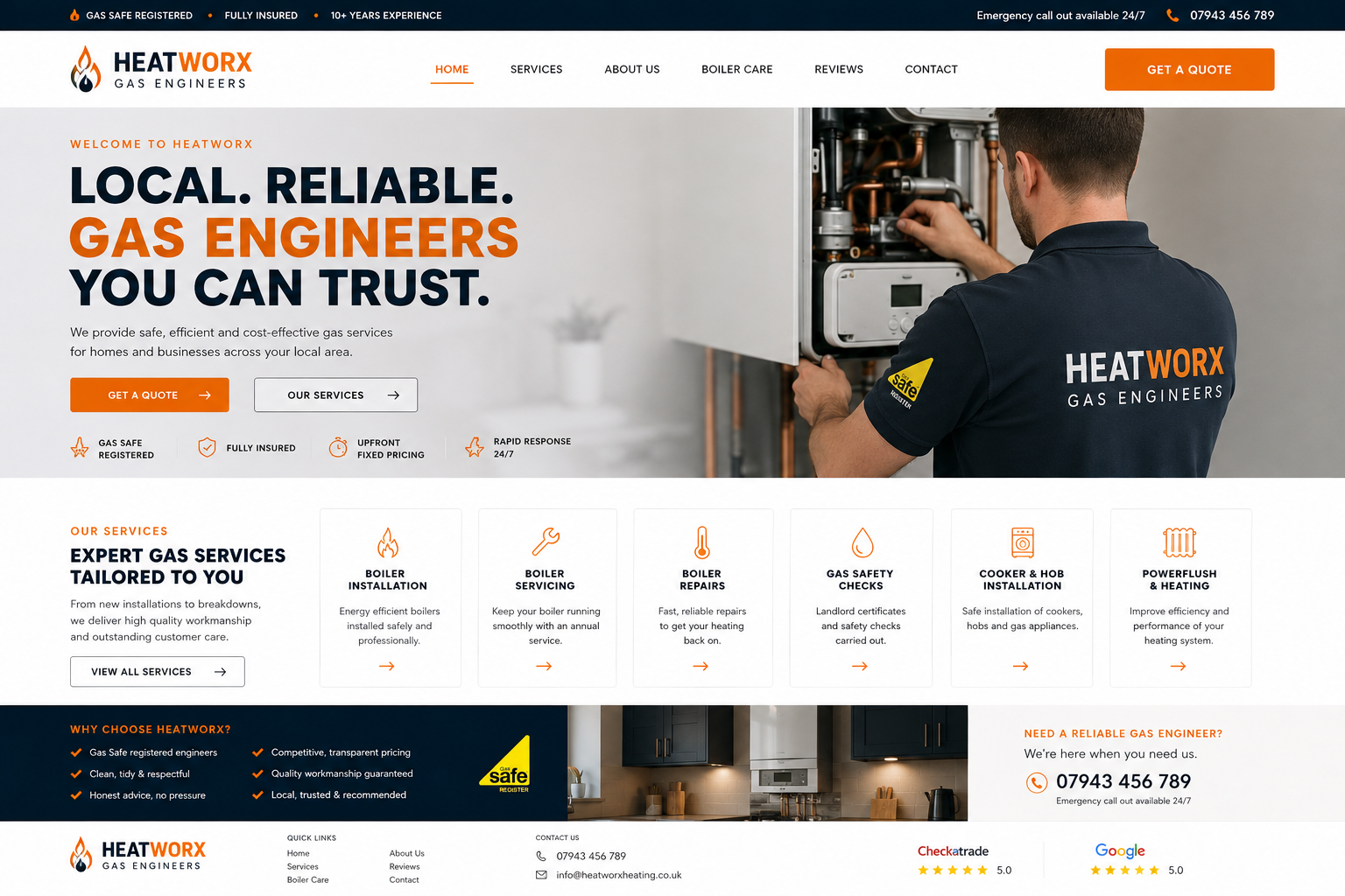 Homepage of HeatWORX Gas Engineers website showing a technician working on a gas boiler, with navigation links and service descriptions.